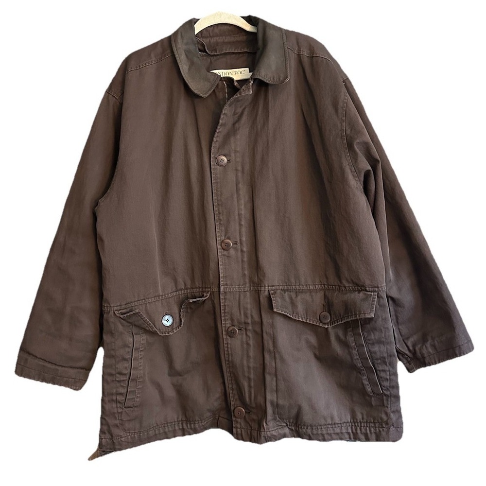 London Fog Men's Brown Barn Chore Coat Jacket Zip Out Quilted Plaid Lining Sz XL
